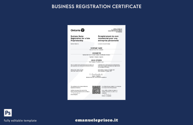 certificato di registrazione della ragione sociale Canada Ontario in stile verif